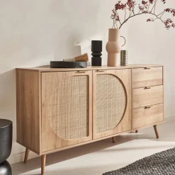Anrichte mit Holzdekor und abgerundetem Rattan-Geflecht 150 cm