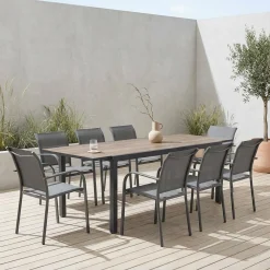 Ausziehbarer Gartentisch aus Aluminium mit Holzoptik + 8 Sessel