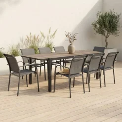 Ausziehbarer Gartentisch aus Aluminium mit Holzoptik + 8 Sessel