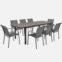 Ausziehbarer Gartentisch aus Aluminium mit Holzoptik + 8 Sessel