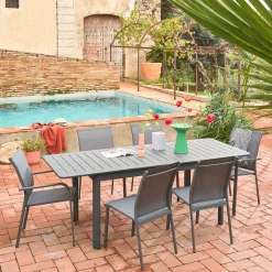 Ausziehbarer Gartentisch aus Aluminium, 4 Stühle, 2 Sessel