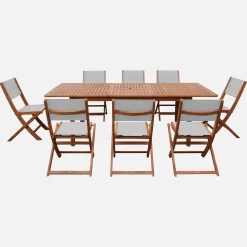 Ausziehbarer Gartentisch aus Eukalyptusholz + 8 Stühle