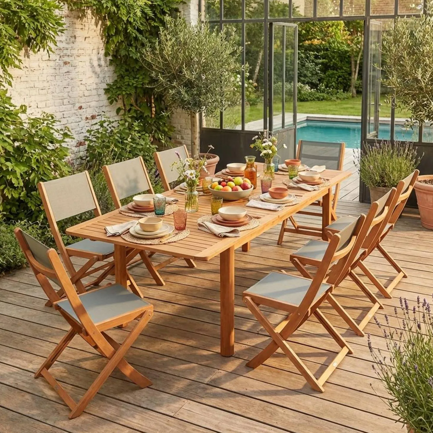 Ausziehbarer Gartentisch aus Eukalyptusholz + 8 Stühle