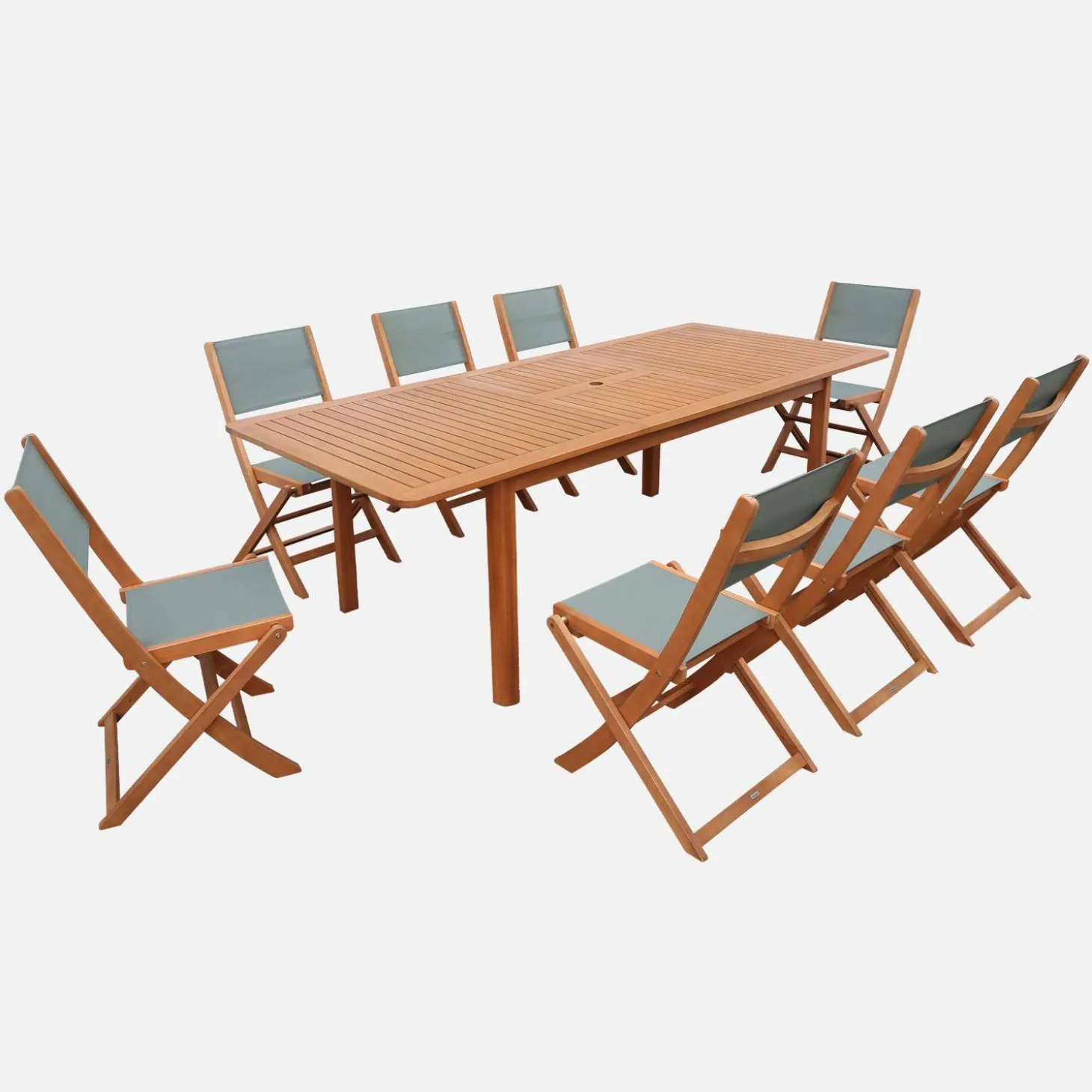 Ausziehbarer Gartentisch aus Eukalyptusholz + 8 Stühle