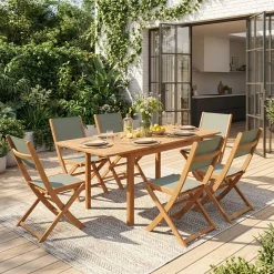 Ausziehbarer Gartentisch aus Eukalyptusholz + 6 Stühle