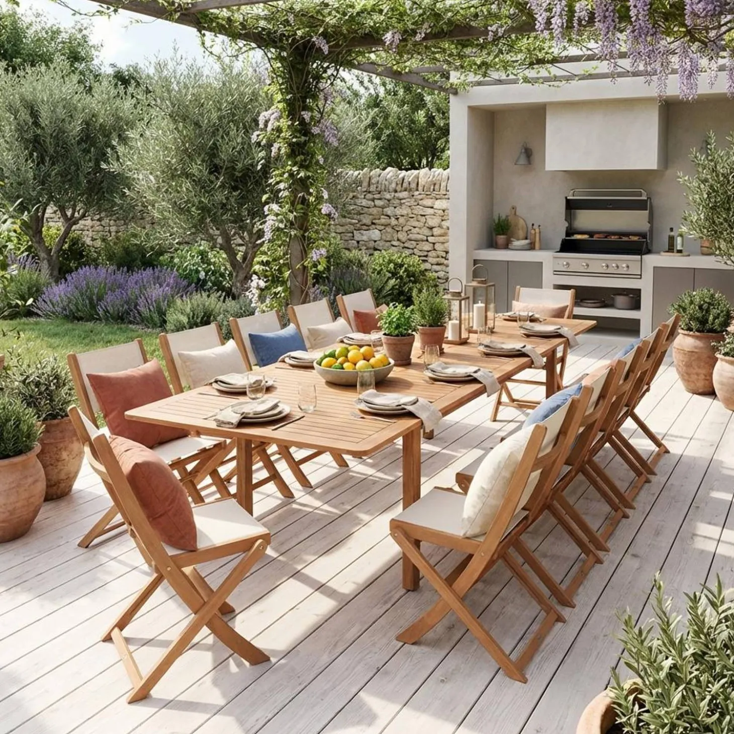 Ausziehbarer Gartentisch aus Eukalyptusholz + 12 Stühle