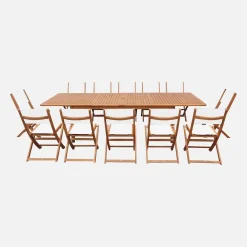 Ausziehbarer Gartentisch aus Eukalyptusholz + 12 Stühle