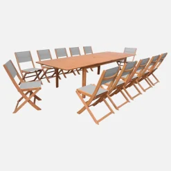 Ausziehbarer Gartentisch aus Eukalyptusholz + 12 Stühle