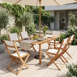 Ausziehbarer Gartentisch aus Eukalyptusholz + 6 Stühle