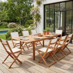 Ausziehbarer Gartentisch aus Eukalyptusholz + 8 Stühle