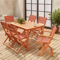 Ausziehbarer Gartentisch aus Holz , 6 Stühle