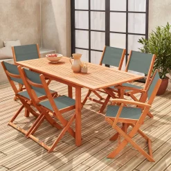 Ausziehbarer Gartentisch aus Holz , 6 Stühle