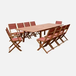 Ausziehbarer Gartentisch aus Holz, 10 Stühle