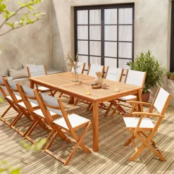 Ausziehbarer Gartentisch aus Holz, 10 Stühle