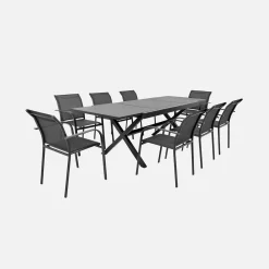 Ausziehbarer Gartentisch 160/240 cm aus Aluminium + 8 Sessel