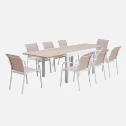 Ausziehbarer Gartentisch 135/270 cm, 8 Sessel, Aluminium und Textilene