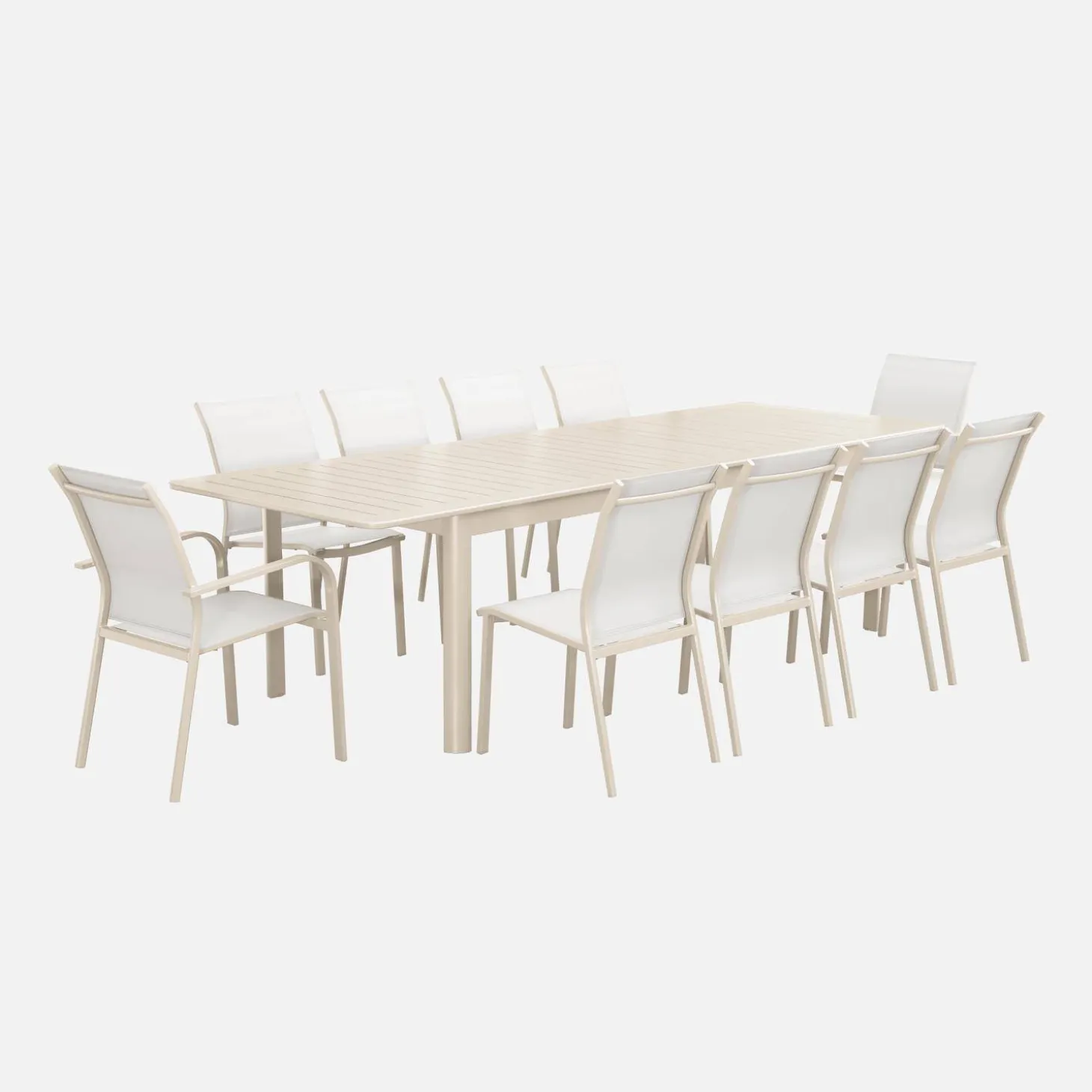 Ausziehbarer Gartentisch, 8 Stühle, 2 Sessel aus Aluminium und Textilene