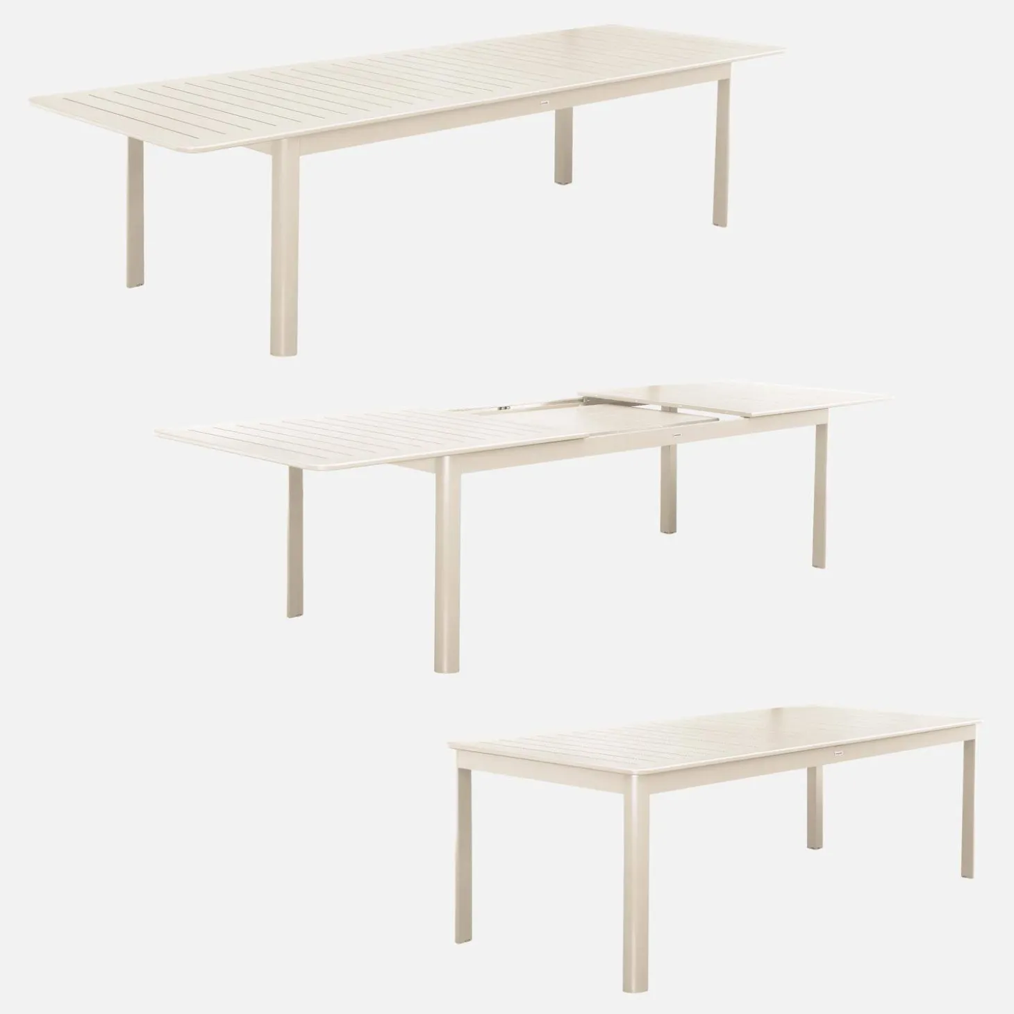 Ausziehbarer Gartentisch, 8 Stühle, 2 Sessel aus Aluminium und Textilene