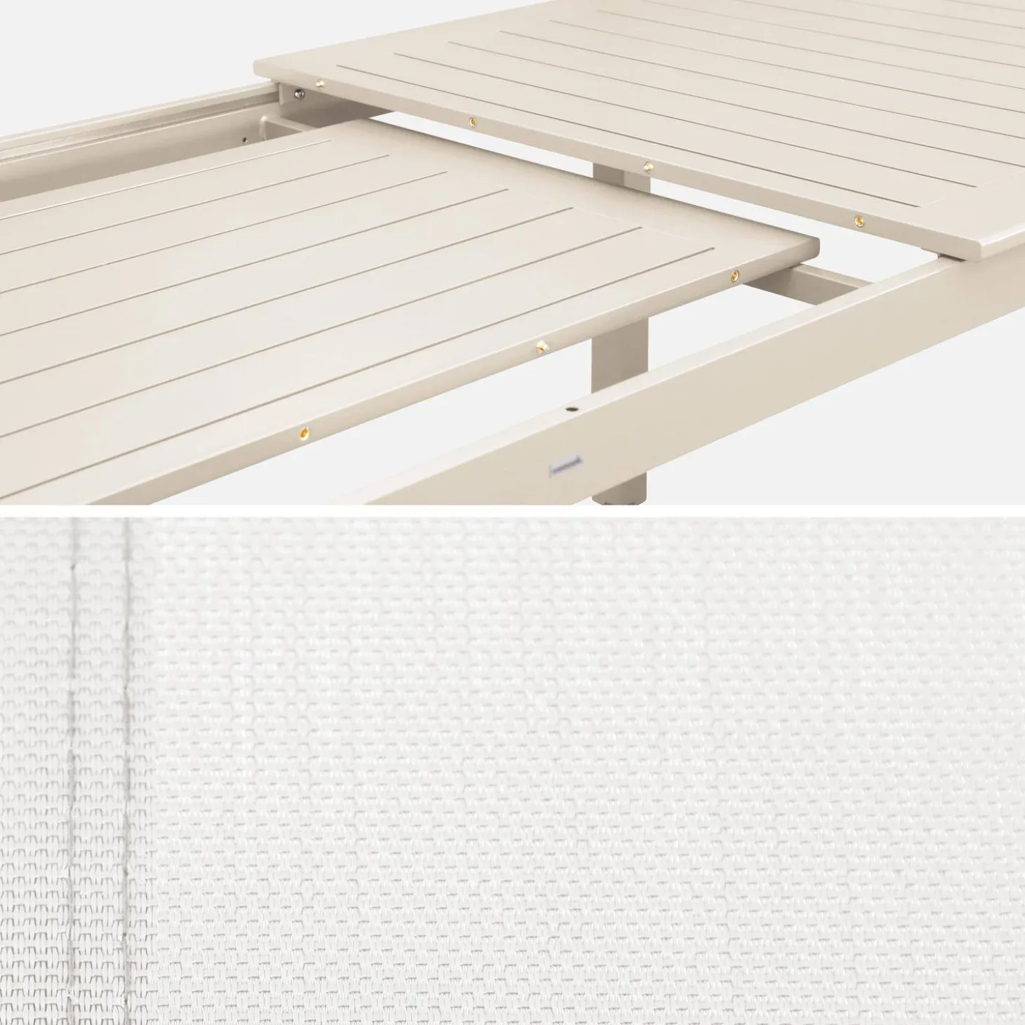 Ausziehbarer Gartentisch, 8 Stühle, 2 Sessel aus Aluminium und Textilene