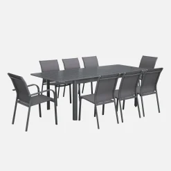 Ausziehbarer Gartentisch, 6 Stühle, 2 Sessel aus Aluminium und Textilene