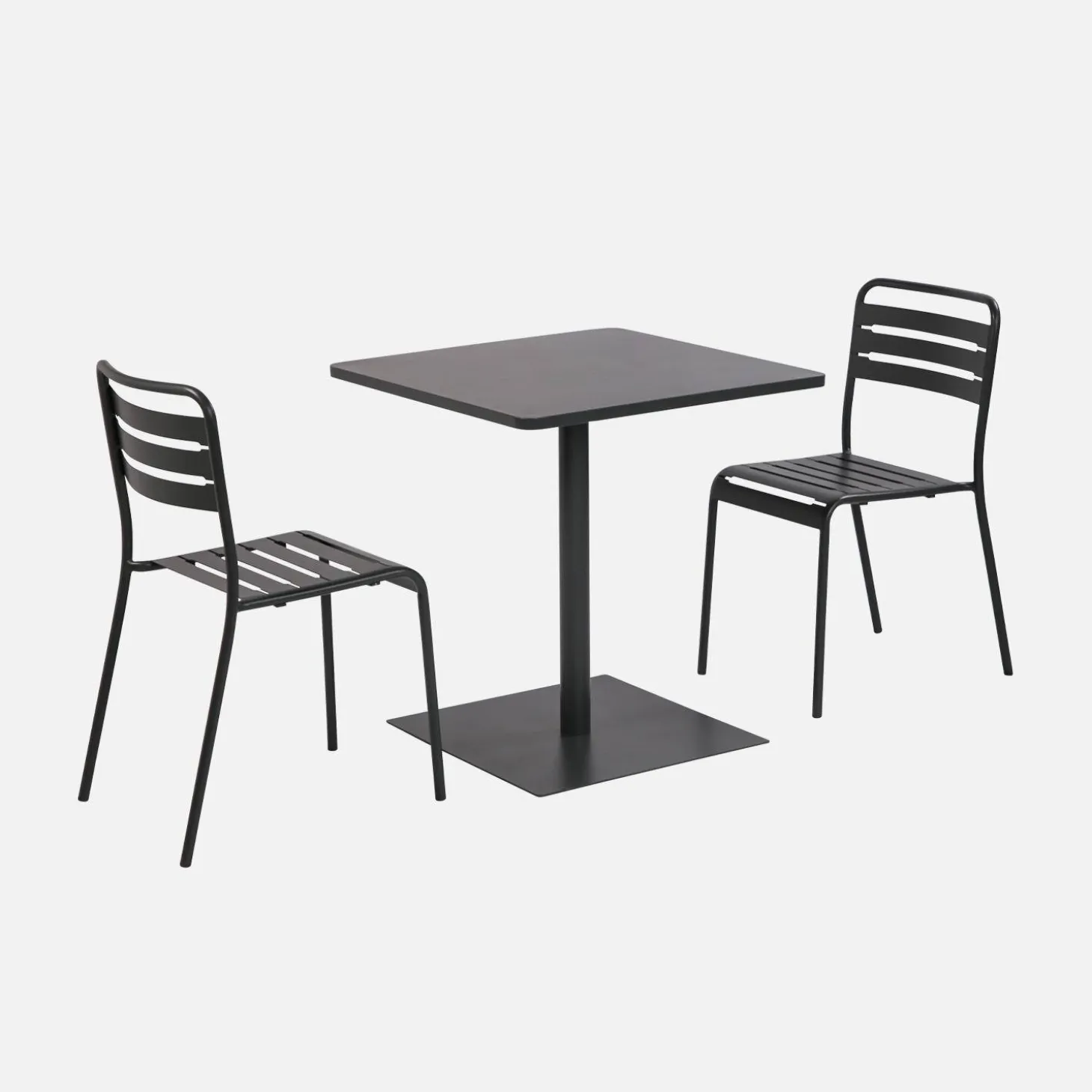 Bistro-Gartentisch quadratisch aus Stahl + 2 Stühle