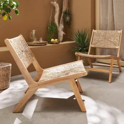 2er Set Gartensessel, Holz und Kunststoff mit Strohlook, drinnen/draußen