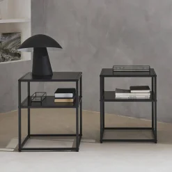 2er Set Nachttische aus schwarzem Metall mit Regal
