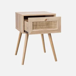 2er-Set Nachttische mit Holzlook und Rattan-Geflecht