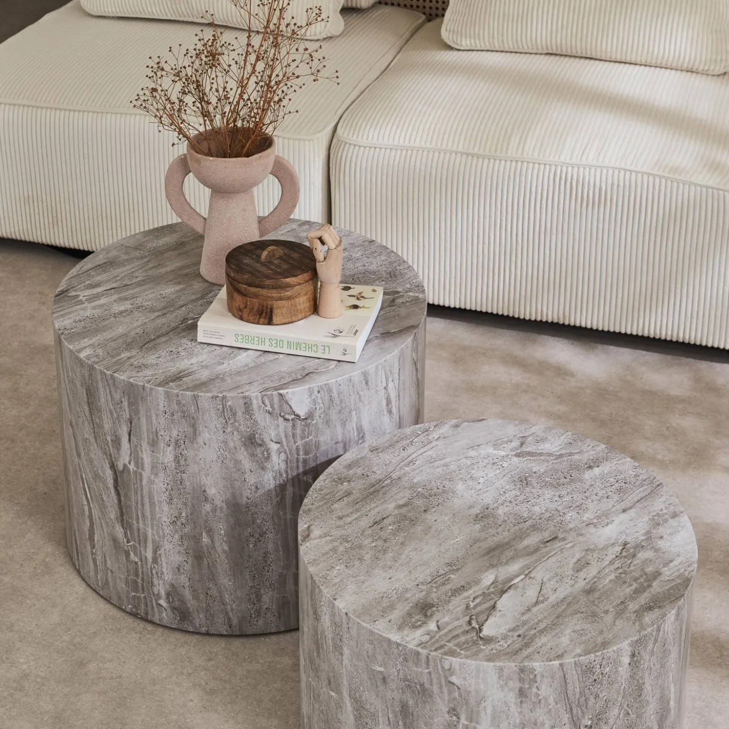 2er Set runde Couchtische mit Marmoroptik