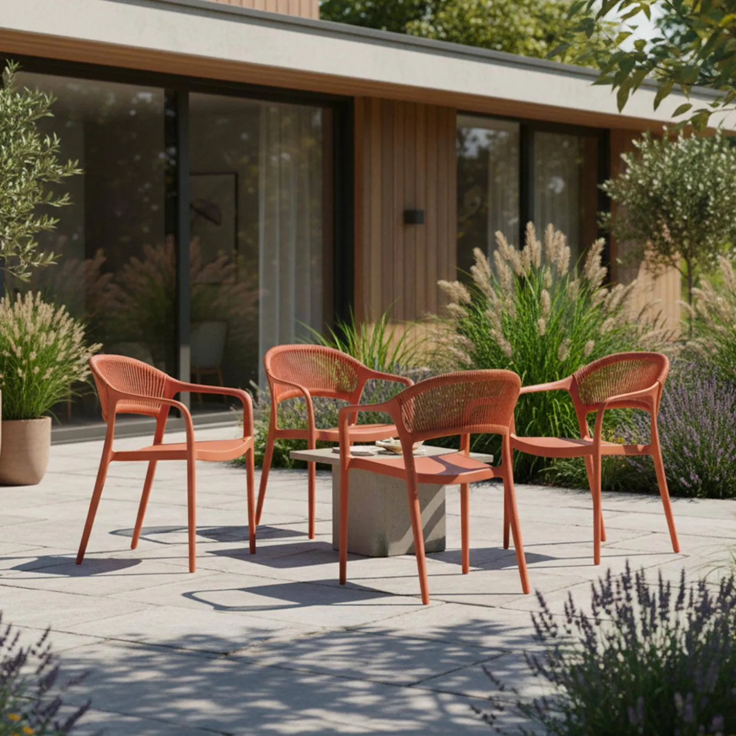 4er-Set stapelbare Gartenstühle mit Seiloptik