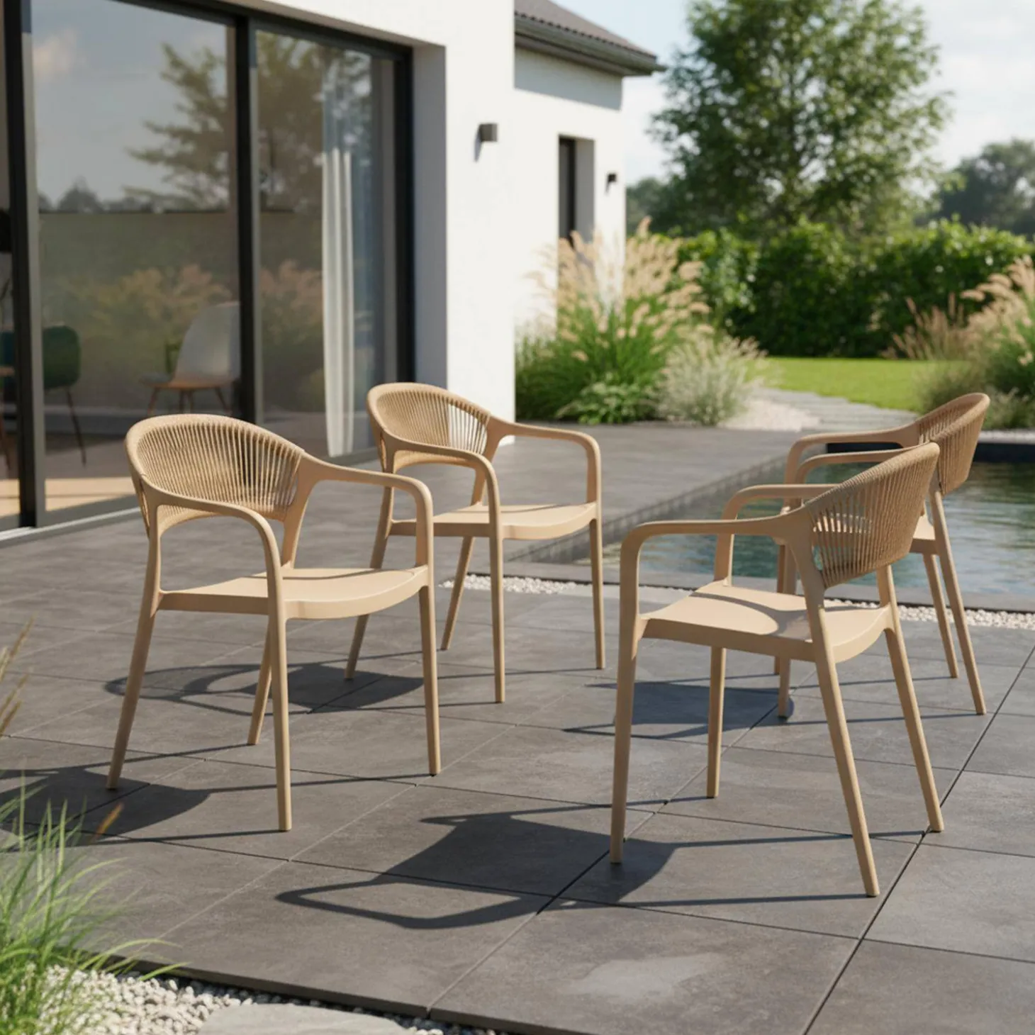 4er-Set stapelbare Gartenstühle mit Seiloptik