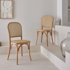 2er-Set Vintage-Stühle aus Holz und Rattan-Geflecht
