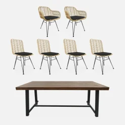 Esstisch aus Holz und Metall, 190 cm + 2 Sessel und 4 Stühle aus Rattan