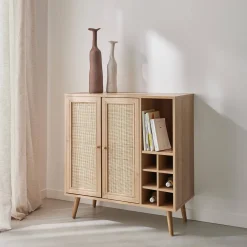 Flaschenschrank mit Rattan-Geflecht und Holzdekor
