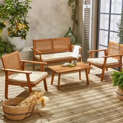 Garten-Essgruppe aus Holz und Rattan, 4 Sessel