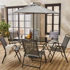 Garten-Essgruppe aus Stahl mit Tisch, 6 Sesseln und Sonnenschirm