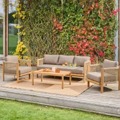 Gartenmöbelset aus Akazienholz mit Seilbespannung, 5 Plätze