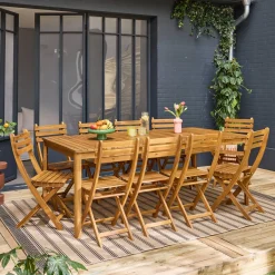 Gartentisch aus Akazie mit abgerundeten Ecken, 10 Stühle