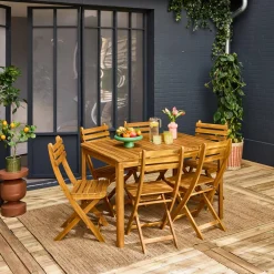 Gartentisch aus Akazienholz mit abgerundeten Ecken, 6 Stühle