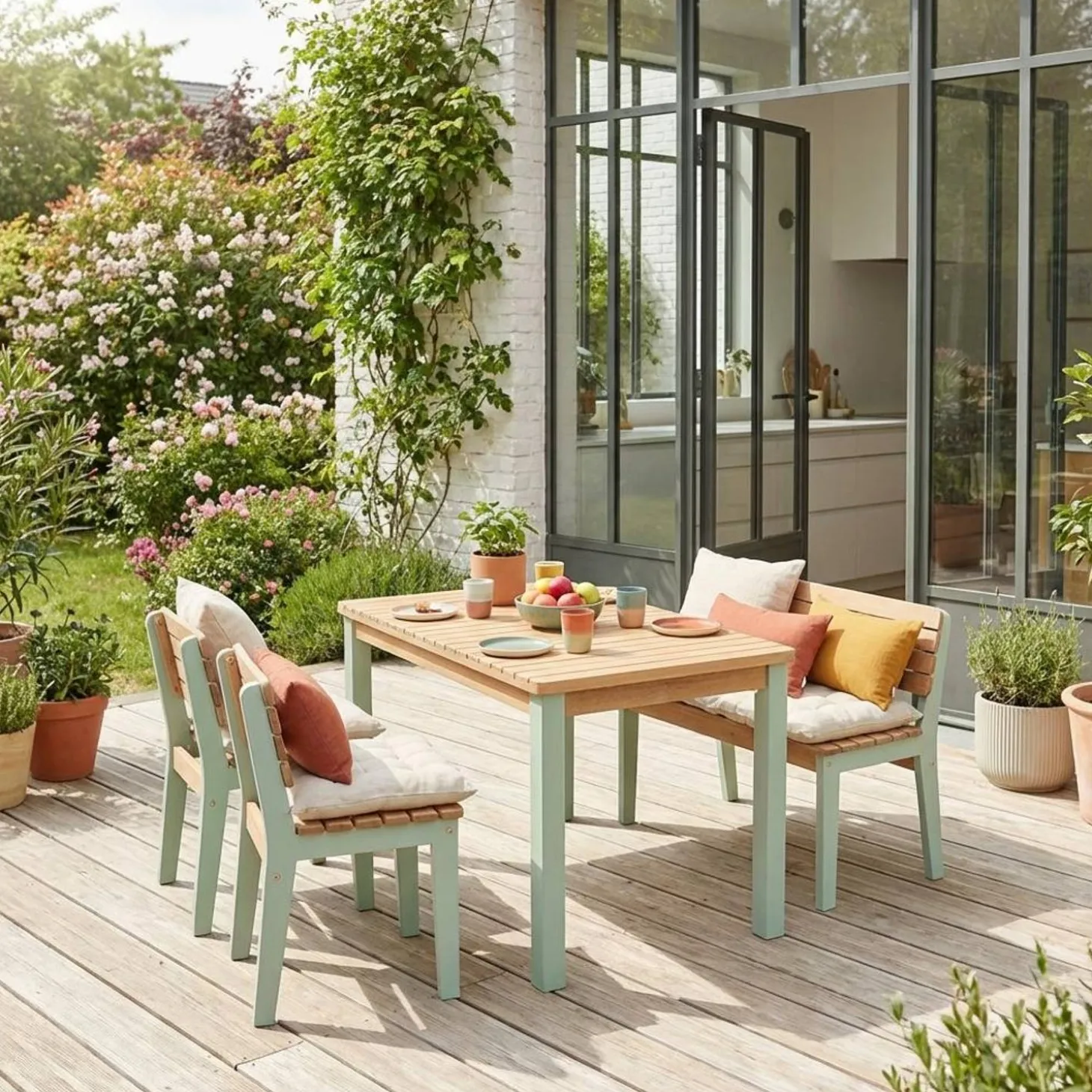 Gartentisch, Bank, 2 Stühle für Kinder