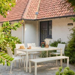 Gartentisch, 1 Bank und 4 Stühle aus Aluminium und Textilene