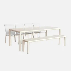 Gartentisch, 1 Bank und 4 Stühle aus Aluminium und Textilene