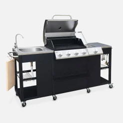 Gasgrill mit 4 Brennern + 1 Seitenbrenner, Außenküche und Abdeckung