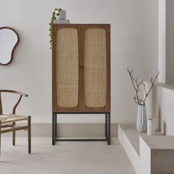 Geschirrschrank mit Rattan-Geflecht und Holzdekor 2 Türen 165 cm