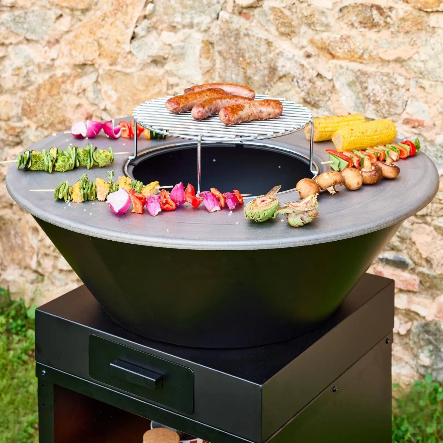 Grill-Feuerschale Ø81,5 cm, Grillrost, Holzlagerung
