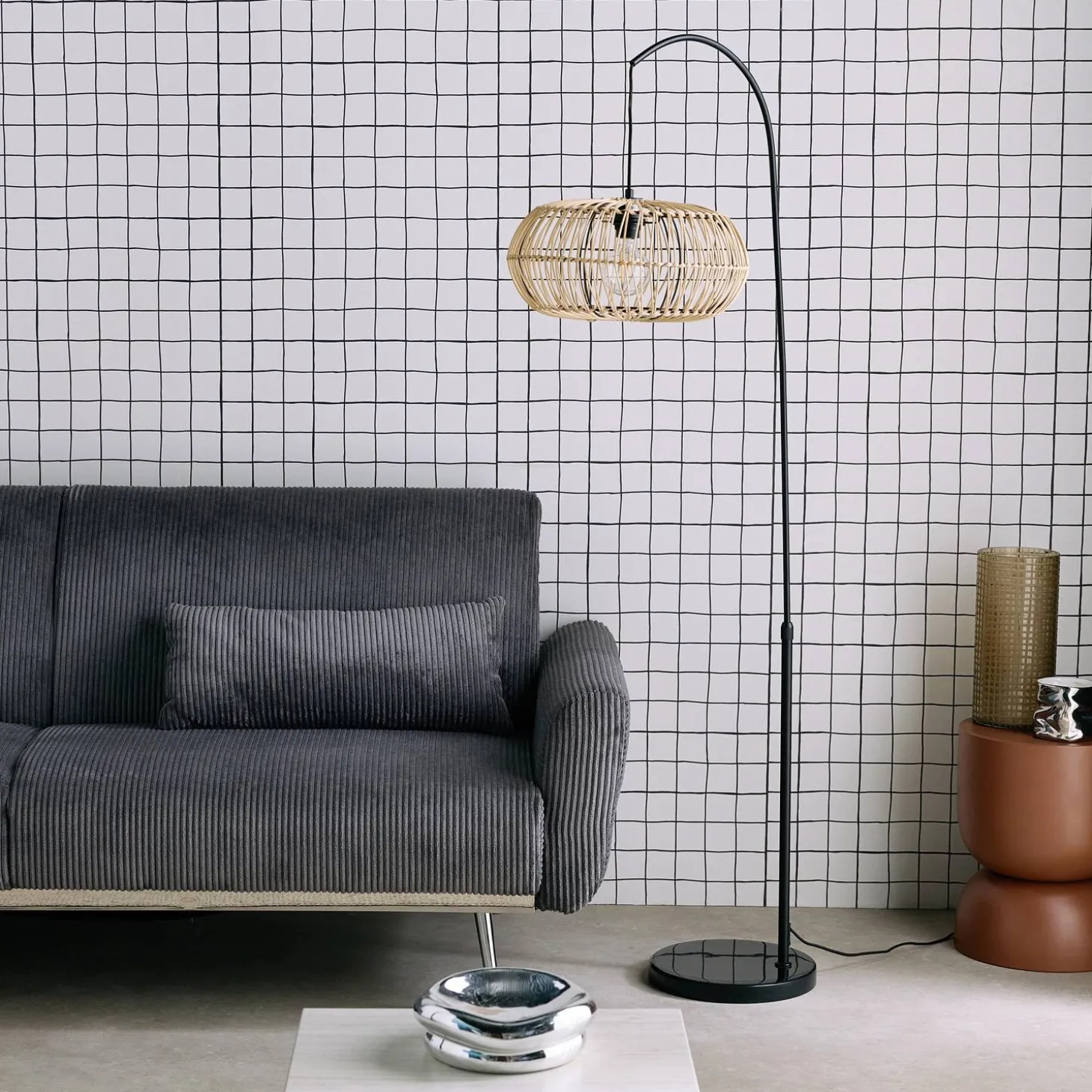 Indoor-Stehlampe mit natürlichem Rattan H 170cm