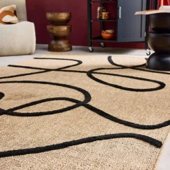 Indoor Teppich mit Jute-Optik, schwarzes grafisches Reliefmuster