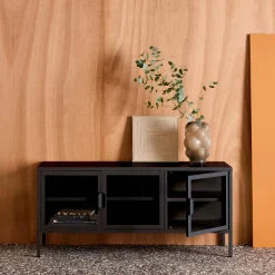 Industrielles TV-Möbel aus Metall und gehärtetem Glas mit 3 Türen, 120 cm