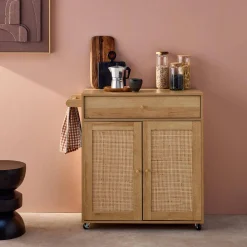 Küchenwagen Holz-Optik und Rattan-Geflecht, 1 Griff, 1 Schublade, 2 Türen