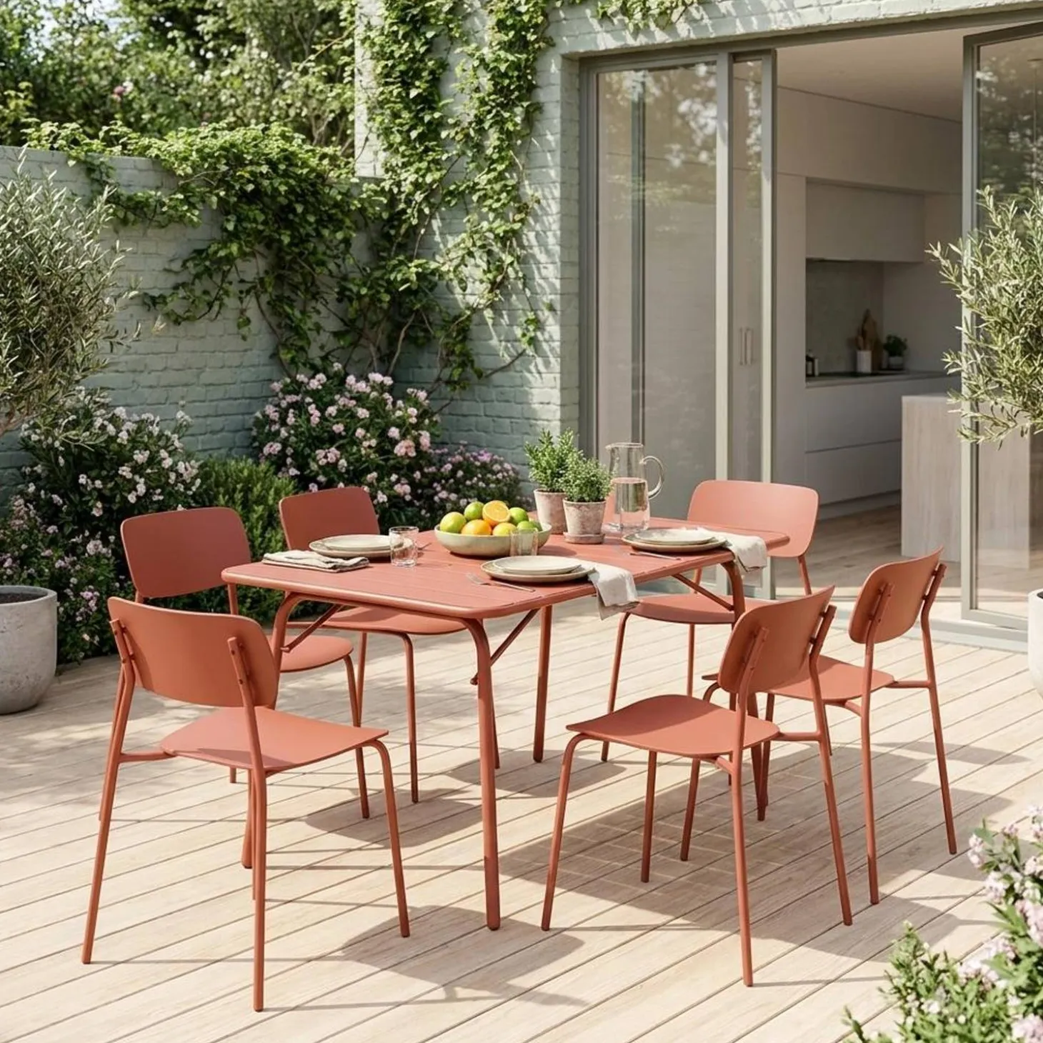 Klappbarer Gartentisch aus Stahl + 6 Stühle